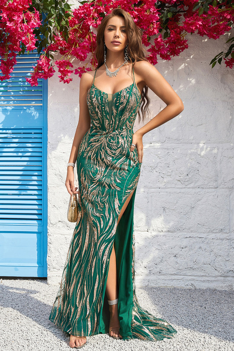 Load image into Gallery viewer, Lace-Up Back Mermaid Dark Green Long Prom Dress with Slit