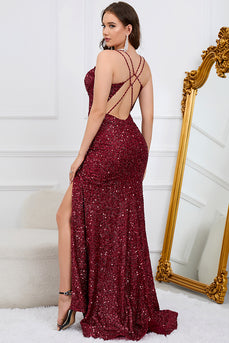 Sparkly Mermaid Sequins Burgundy Long Prom Dress with Slit