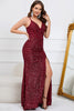 Load image into Gallery viewer, Sparkly Mermaid Sequins Burgundy Long Prom Dress with Slit