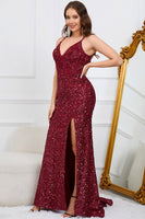 Load image into Gallery viewer, Sparkly Mermaid Sequins Burgundy Long Prom Dress with Slit
