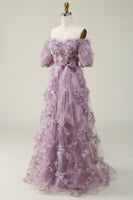 Load image into Gallery viewer, Off The Shoulder Tulle Printed Purple Ball Gown Dress