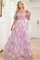 Load image into Gallery viewer, Tulle Off The Shoulder Printed Purple Ball Gown Dress