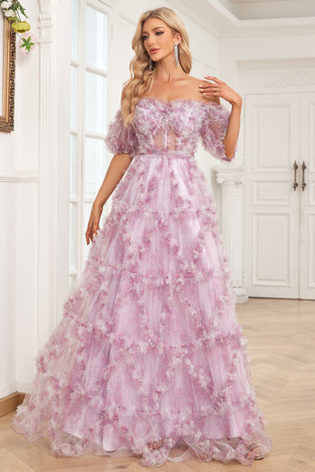 Tulle Off The Shoulder Printed Purple Ball Gown Dress