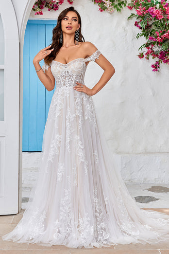 Ivory Detachable Off the Shoulder Corset Tulle Wedding Dress