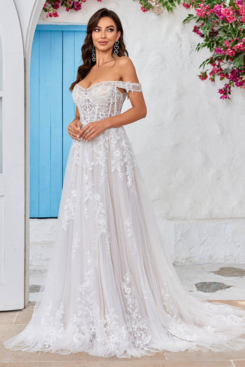 Ivory Detachable Off the Shoulder Corset Tulle Wedding Dress