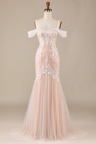 Mermaid Cold Shoulder Ivory and Champagne Wedding Dress with Appliques
