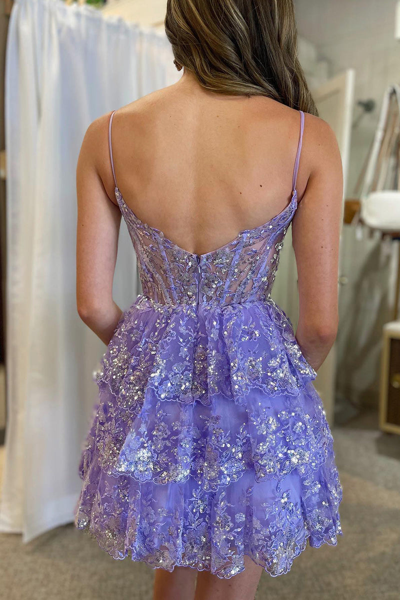 Load image into Gallery viewer, Sparkly Dark Blue Corset Top Spaghetti Straps A-Line Lace Short Party Dress