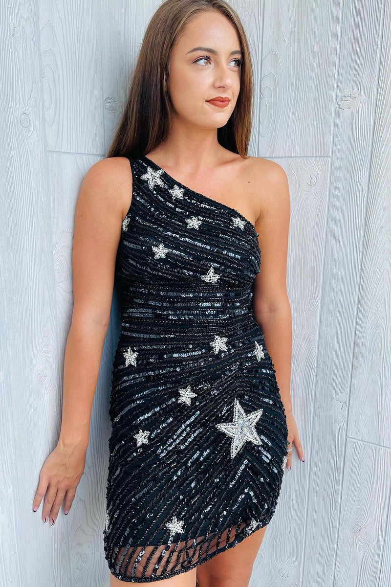 Load image into Gallery viewer, Sheath One Shoulder Black Sequins Short Prom Dress with Star