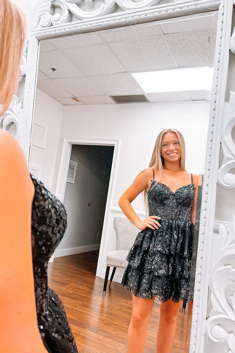 Load image into Gallery viewer, Sparkly Dark Blue Corset Top Spaghetti Straps A-Line Lace Short Party Dress