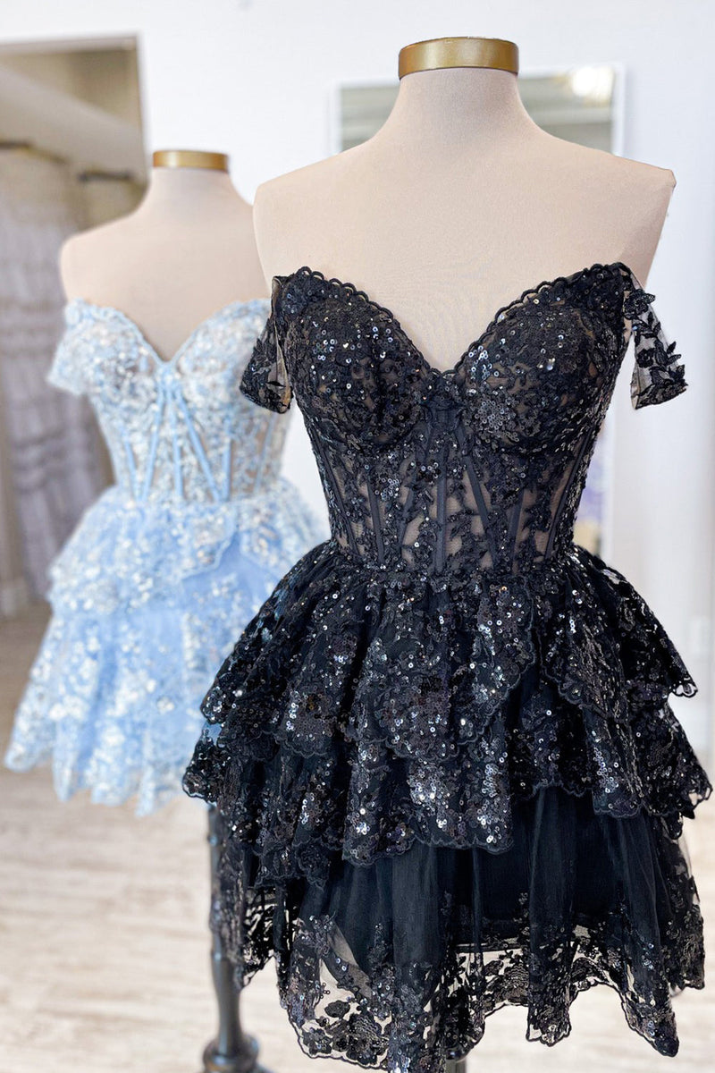 Load image into Gallery viewer, Sparkly Navy Corset Tiered Lace A-Line Short Prom Dress