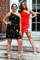 Load image into Gallery viewer, Sheath One Shoulder Black Sequins Short Prom Dress with Star