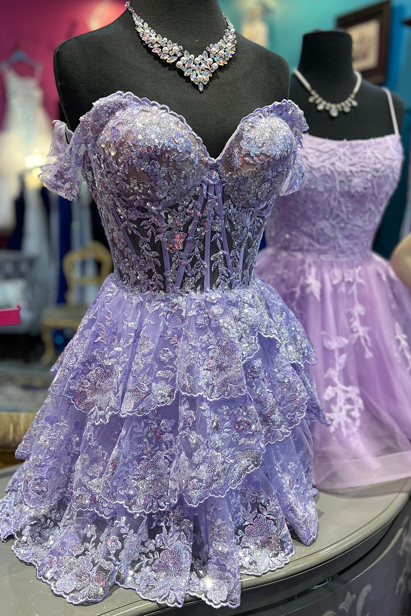 Load image into Gallery viewer, Sparkly Navy Corset Tiered Lace A-Line Short Prom Dress
