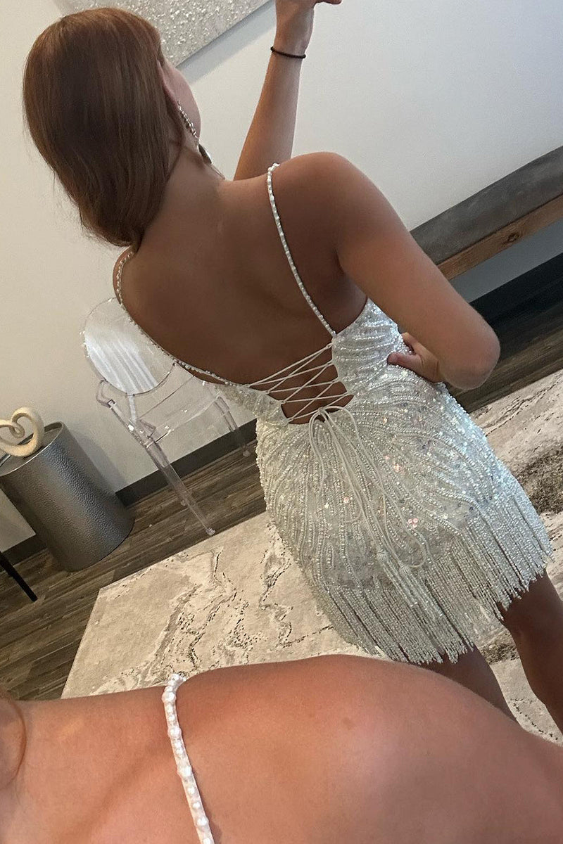 Load image into Gallery viewer, Sparkly Peacock Blue Beaded Tight Short Party Dress with Fringes