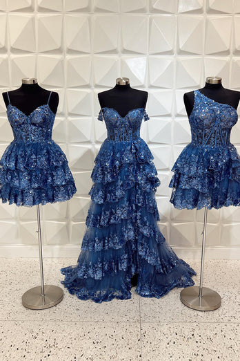 Sparkly Dark Blue Corset Top Spaghetti Straps A-Line Lace Short Party Dress