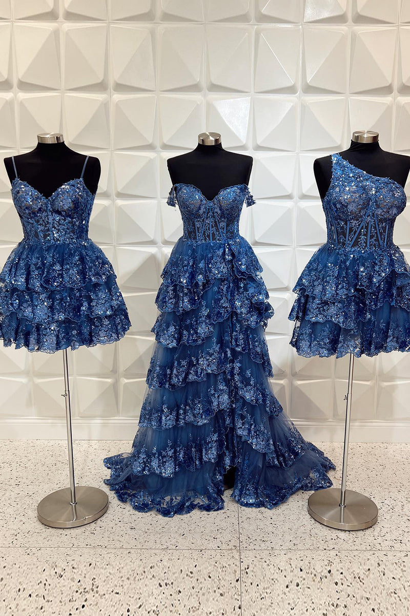 Load image into Gallery viewer, Sparkly Dark Blue Corset Top Spaghetti Straps A-Line Lace Short Party Dress
