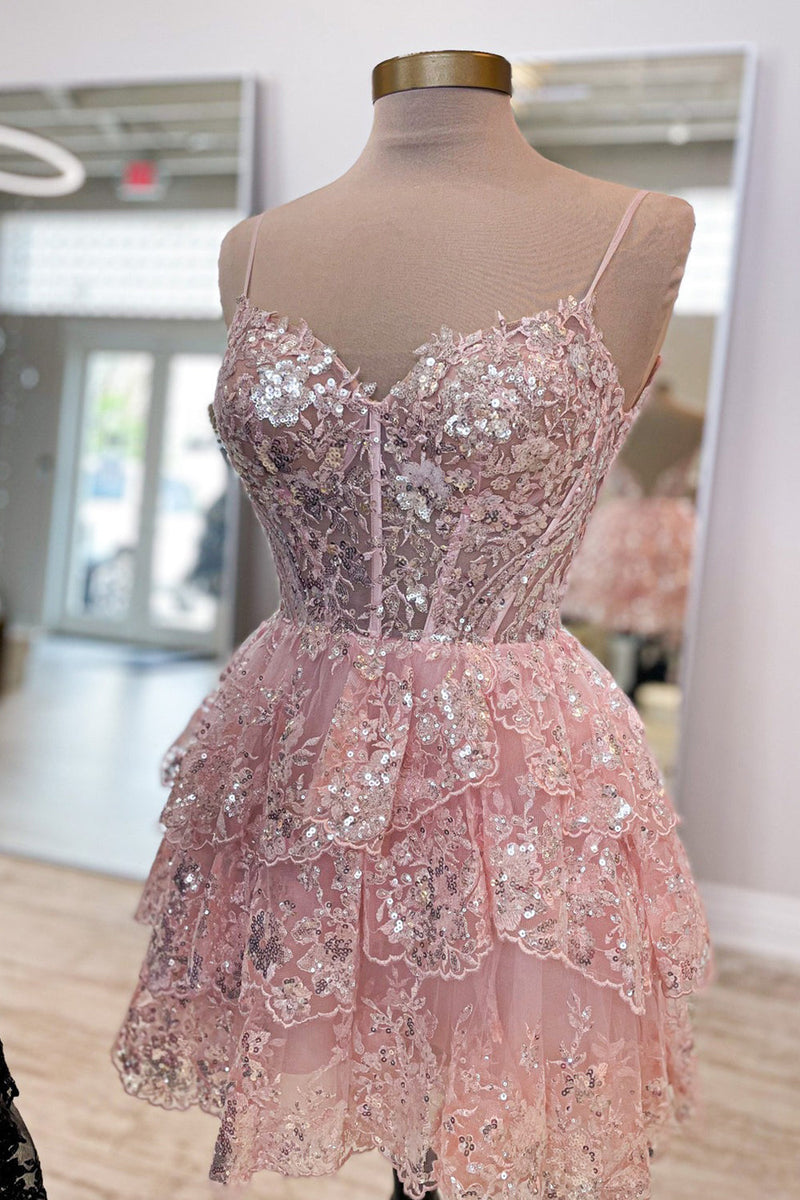 Load image into Gallery viewer, Sparkly Dark Blue Corset Top Spaghetti Straps A-Line Lace Short Party Dress
