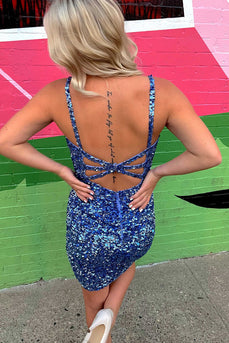 Sparkly Light Blue V-Neck Tight Sequins Short Party Dress