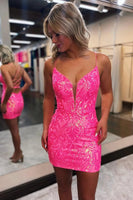 Load image into Gallery viewer, Sparkly Pink Spaghetti Straps Backless Tight Sequins Short Party Dress
