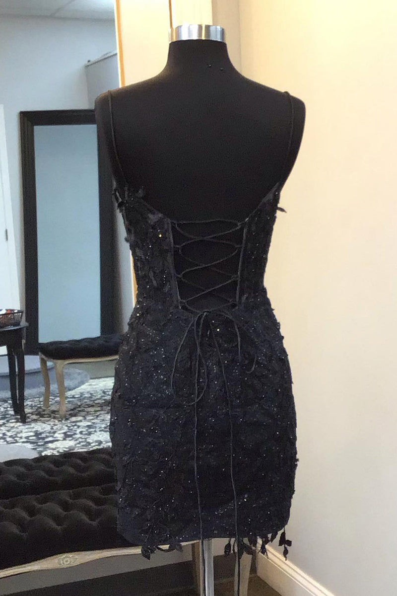Load image into Gallery viewer, Sparkly Black Corset Lace Tight Short Prom Dress