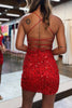 Load image into Gallery viewer, Glitter Fuchsia Spaghetti Straps Sequins Backless Tight Party Dress with Slit