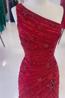 Load image into Gallery viewer, Sheath One Shoulder Red Sequins Short Party Dress with Star