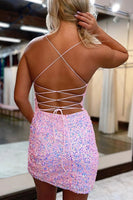 Load image into Gallery viewer, Glitter Fuchsia Spaghetti Straps Sequins Backless Tight Party Dress with Slit