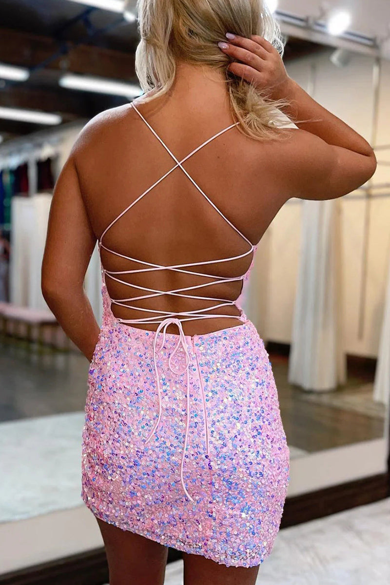 Load image into Gallery viewer, Glitter Fuchsia Spaghetti Straps Sequins Backless Tight Party Dress with Slit
