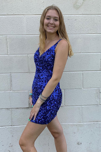 Sparkly Light Blue V-Neck Tight Sequins Short Party Dress