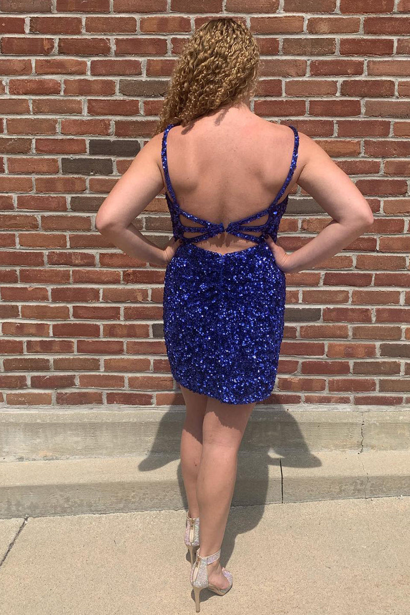 Load image into Gallery viewer, Sparkly Light Blue V-Neck Tight Sequins Short Party Dress