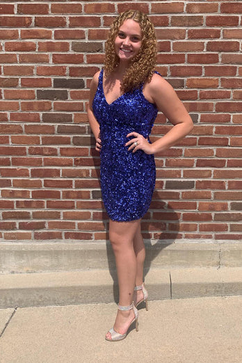 Sparkly Light Blue V-Neck Tight Sequins Short Party Dress