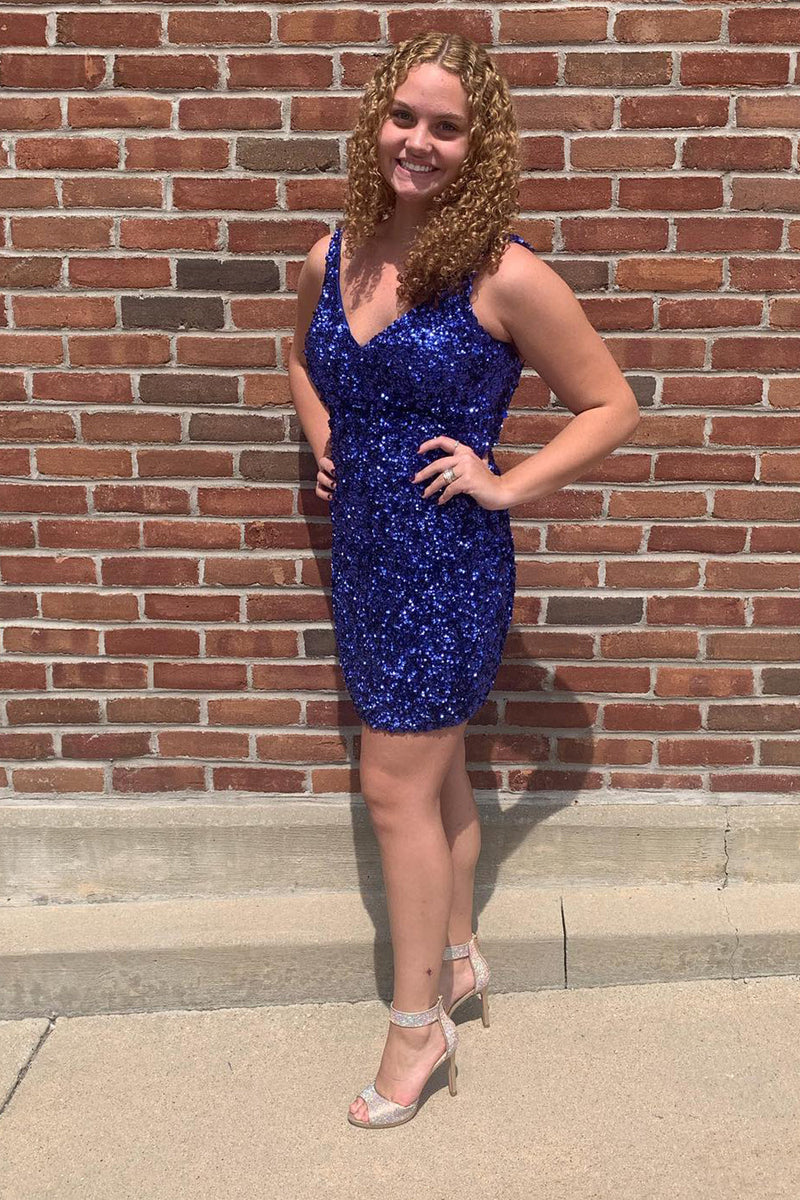 Load image into Gallery viewer, Sparkly Light Blue V-Neck Tight Sequins Short Party Dress