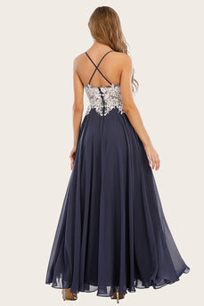 Dusty Blue Chiffon Long Prom Dress with Lace