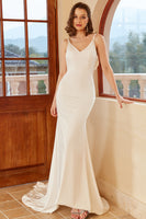 Load image into Gallery viewer, Mermaid Spaghetti Straps White Wedding Dress with Button