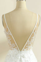 Load image into Gallery viewer, White Lace Deep V-Neck Boho Sweep Train Wedding Dress with Appliques