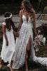 Load image into Gallery viewer, Queendancer Women White Lace Boho Wedding Dress with Slit A Line Spaghetti Straps Bridal Dress with Appliques