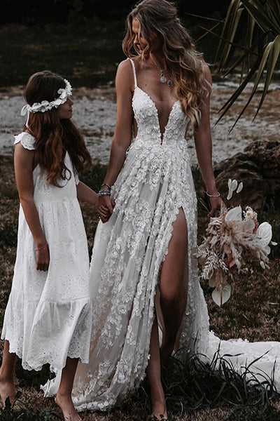 Women Boho Wedding Dress with Slit White A Line Spaghetti Straps Bridal Dress with Appliques