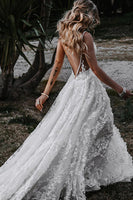 Load image into Gallery viewer, White Boho Lace Deep V-Neck Sweep Train Wedding Dress with Appliques