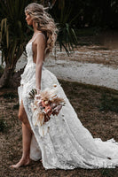 Load image into Gallery viewer, White Boho Lace Deep V-Neck Sweep Train Wedding Dress with Appliques