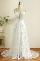 Load image into Gallery viewer, Queendancer Women White Lace Boho Wedding Dress with Slit Spaghetti Straps A Line Bridal Dress with Appliques