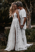 Load image into Gallery viewer, White Boho Lace Deep V-Neck Sweep Train Wedding Dress with Appliques