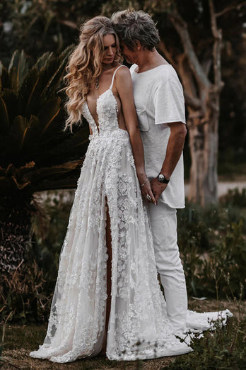 White Boho Lace Deep V-Neck Sweep Train Wedding Dress with Appliques