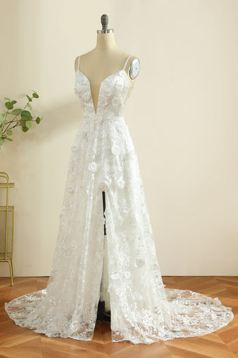 White Lace Deep V-Neck Boho Sweep Train Wedding Dress with Appliques