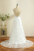 Load image into Gallery viewer, White Lace Deep V-Neck Boho Sweep Train Wedding Dress with Appliques