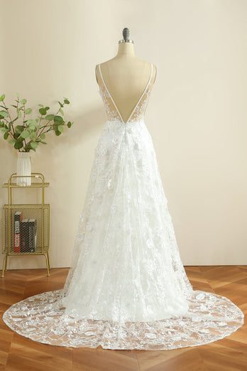 White Lace Deep V-Neck Boho Sweep Train Wedding Dress with Appliques