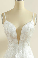 Load image into Gallery viewer, White Lace Deep V-Neck Boho Sweep Train Wedding Dress with Appliques