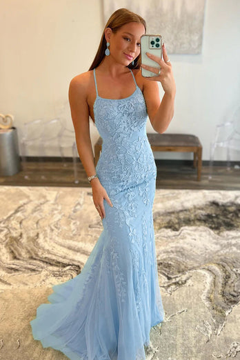 Mint Spaghetti Straps Appliques Prom Dress