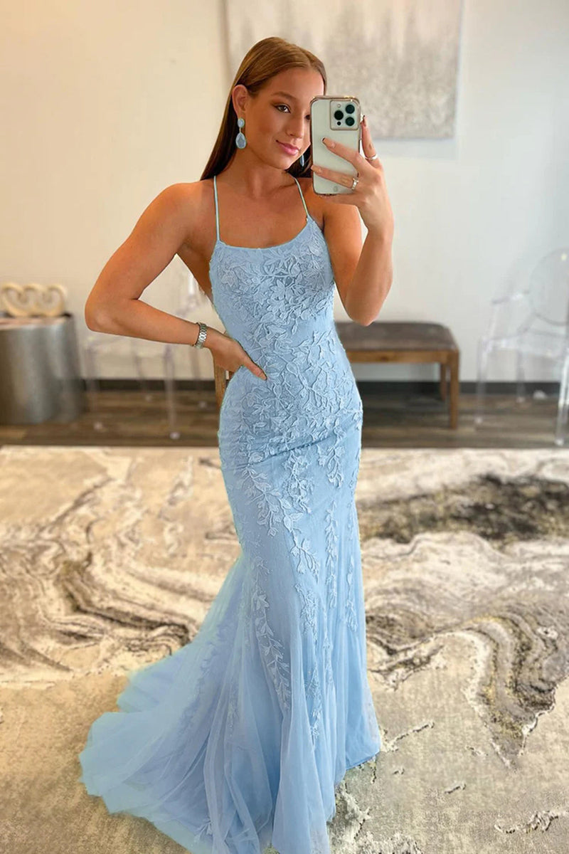 Load image into Gallery viewer, Mint Spaghetti Straps Appliques Prom Dress