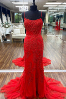 Load image into Gallery viewer, Fuchsia Spaghetti Straps Appliques Prom Dress