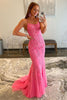 Load image into Gallery viewer, Fuchsia Spaghetti Straps Appliques Prom Dress