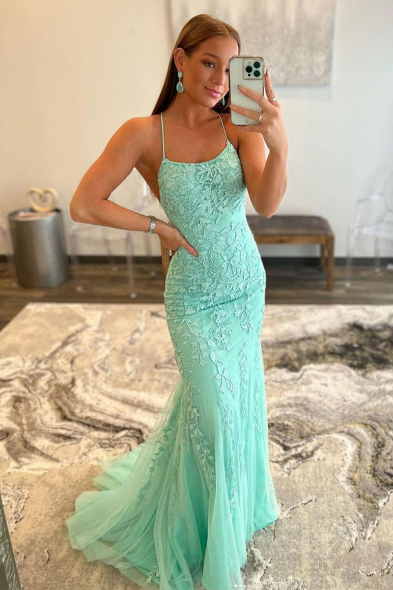 Load image into Gallery viewer, Mint Spaghetti Straps Appliques Prom Dress